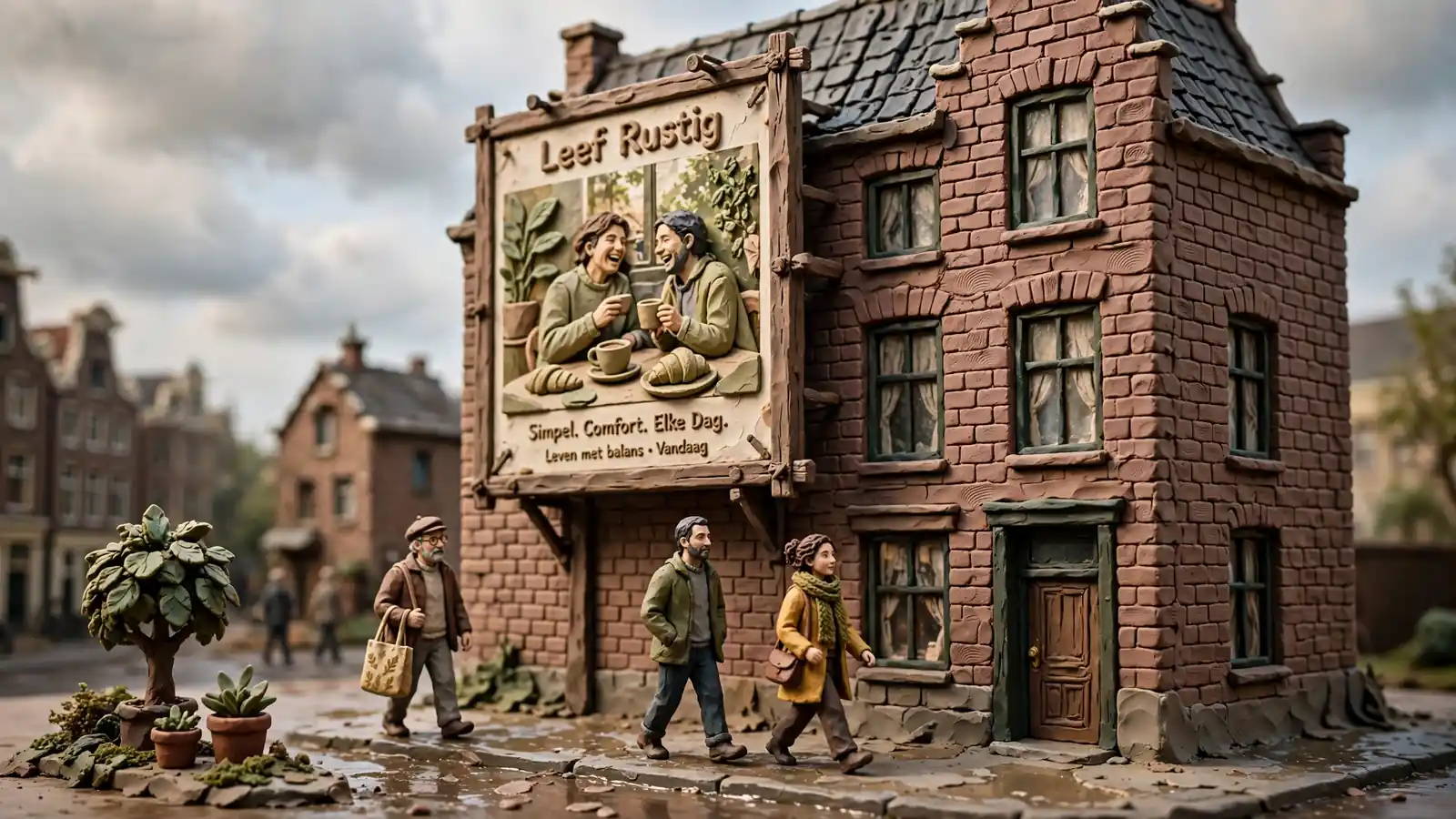 Reclamebord aan een bakstenen gevel met voorbijgangers.